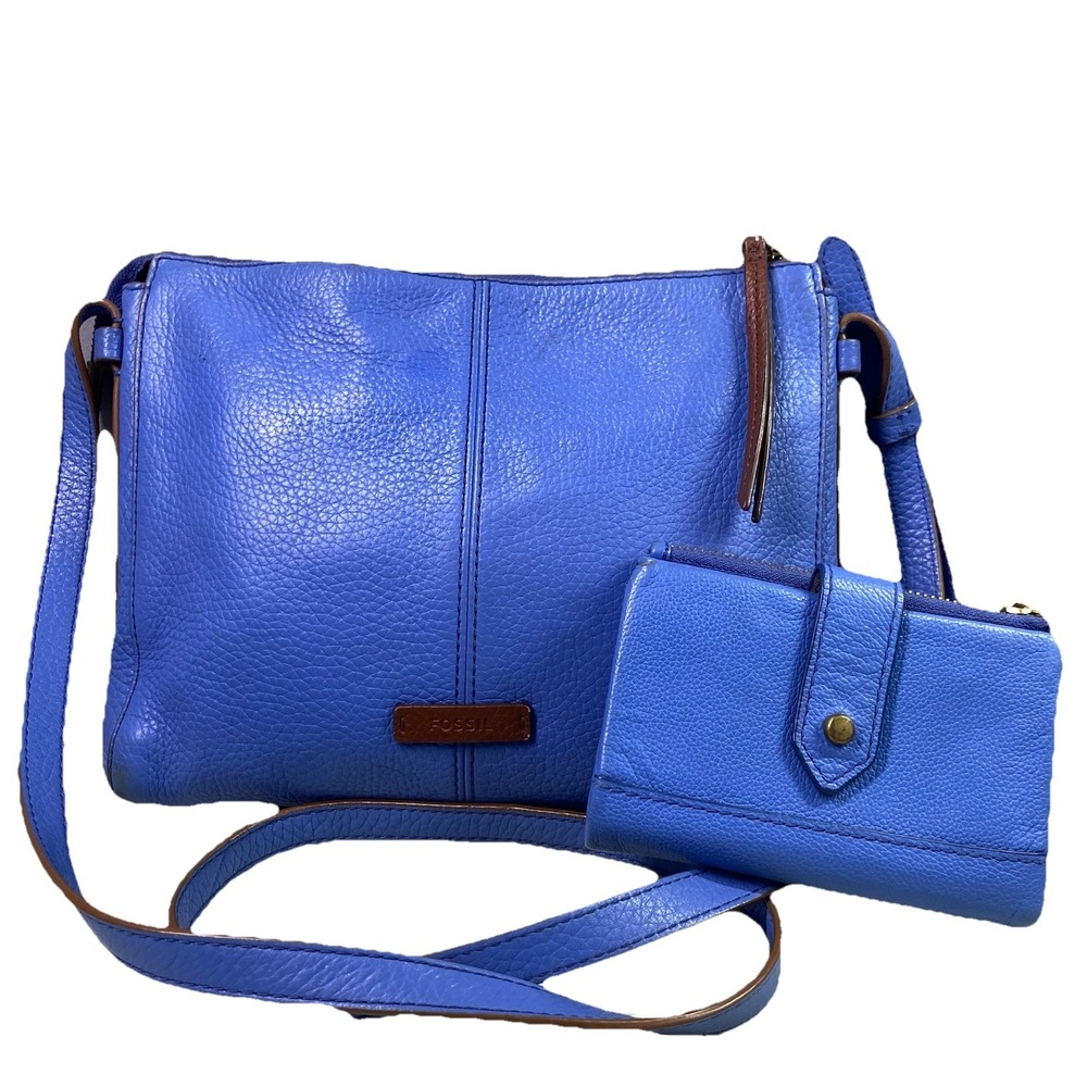 Fossil Blue Leather Crossbody Bag with Matching Wallet